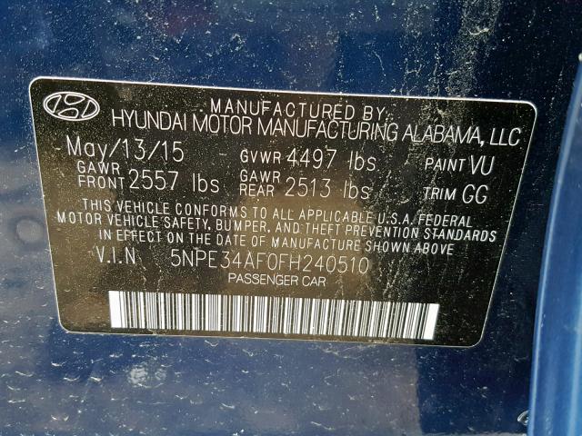 5NPE34AF0FH240510 - 2015 HYUNDAI SONATA SPO BLUE photo 10