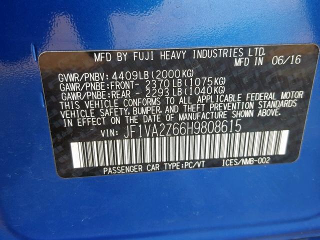 JF1VA2Z66H9808615 - 2017 SUBARU WRX STI BLUE photo 10