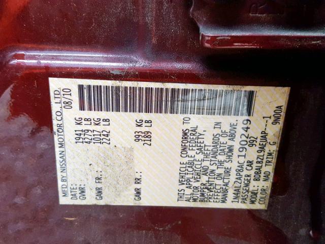 1N4AL2AP8AC190249 - 2010 NISSAN ALTIMA BAS BURGUNDY photo 10