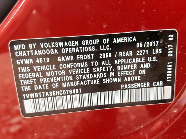 1VWBT7A35HC076497 - 2017 VOLKSWAGEN PASSAT SE RED photo 10