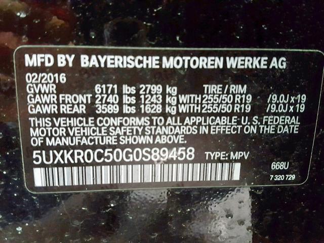 5UXKR0C50G0S89458 - 2016 BMW X5 XDRIVE3 BLACK photo 10