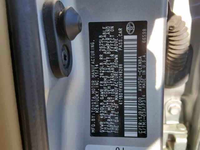 4T1BD1FK6FU148288 - 2015 TOYOTA CAMRY HYBR SILVER photo 10