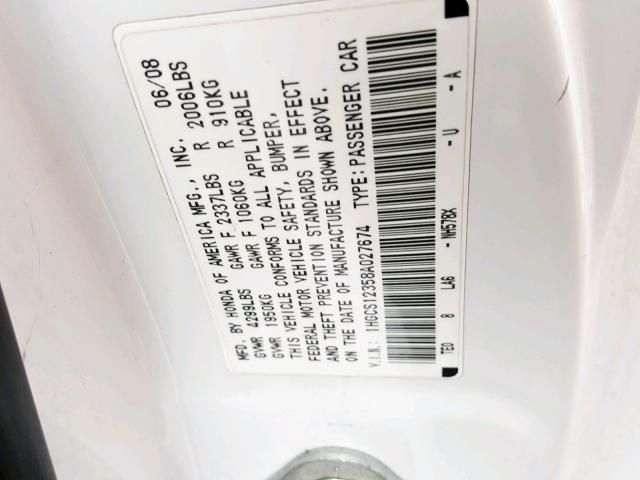 1HGCS12358A027674 - 2008 HONDA ACCORD LX- WHITE photo 10