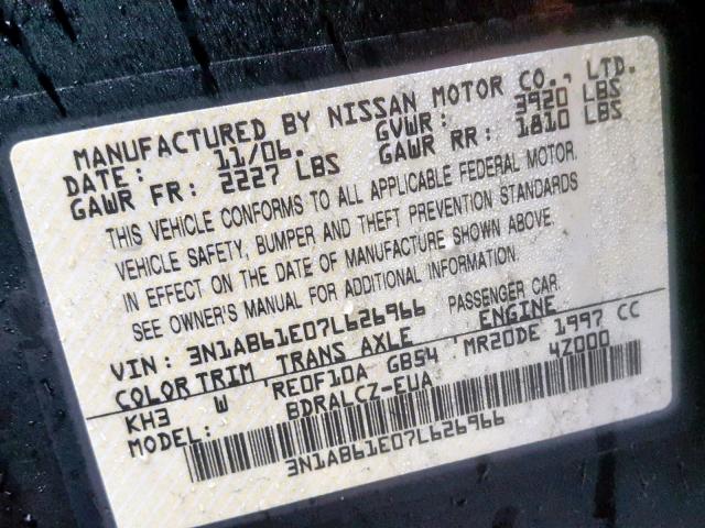 3N1AB61E07L626966 - 2007 NISSAN SENTRA 2.0 BLACK photo 10