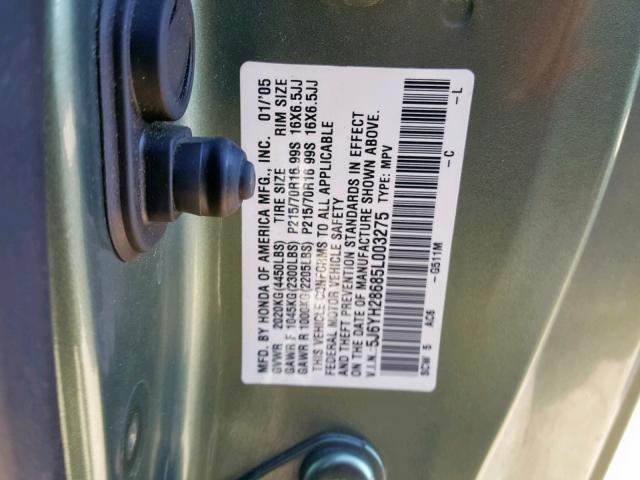 5J6YH28685L003275 - 2005 HONDA ELEMENT EX GREEN photo 10