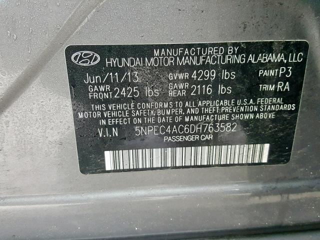 5NPEC4AC6DH763582 - 2013 HYUNDAI SONATA SE GRAY photo 10