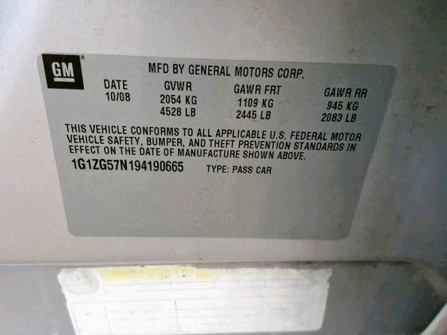 1G1ZG57N194190665 - 2009 CHEVROLET MALIBU LS SILVER photo 10