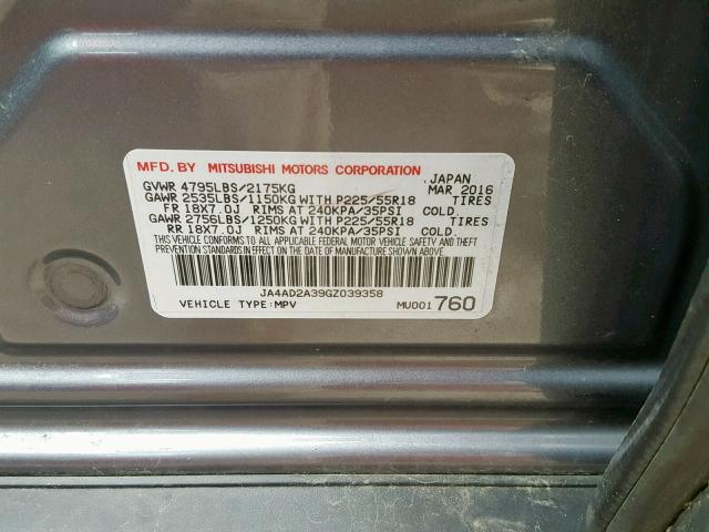 JA4AD2A39GZ039358 - 2016 MITSUBISHI OUTLANDER GRAY photo 10