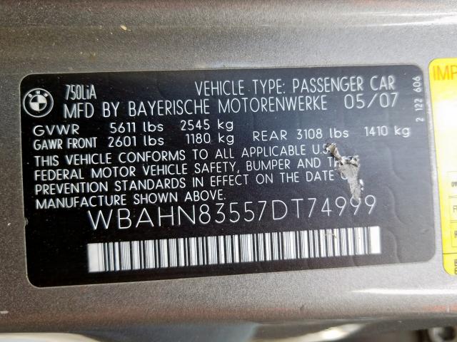 WBAHN83557DT74999 - 2007 BMW 750  photo 10