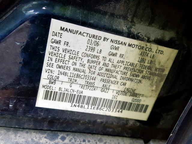 1N4BL11E86C203344 - 2006 NISSAN ALTIMA SE BLUE photo 10