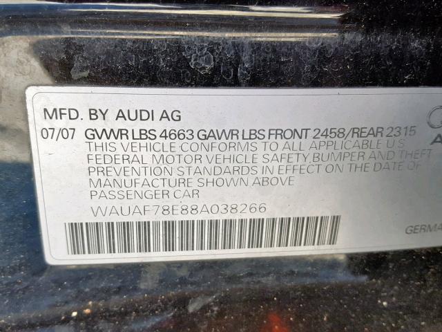 WAUAF78E88A038266 - 2008 AUDI A4 2.0T BLACK photo 10