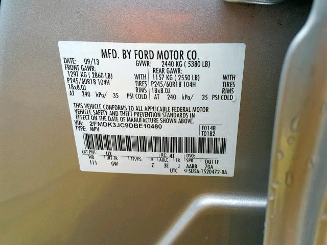 2FMDK3JC9DBE10480 - 2013 FORD EDGE SEL TAN photo 10