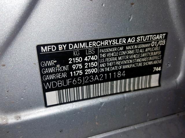 WDBUF65J23A211184 - 2003 MERCEDES-BENZ E 320 SILVER photo 10