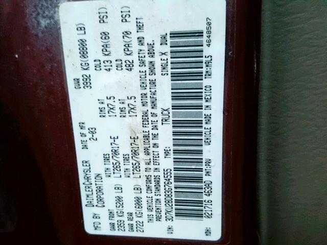 3D7KU28D83G764555 - 2003 DODGE RAM 2500 S BURGUNDY photo 10