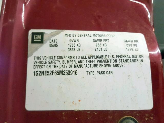 1G2NE52F65M253916 - 2005 PONTIAC GRAND AM S MAROON photo 10