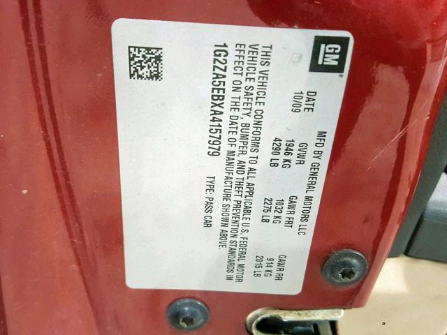 1G2ZA5EBXA4157979 - 2010 PONTIAC G6 RED photo 10