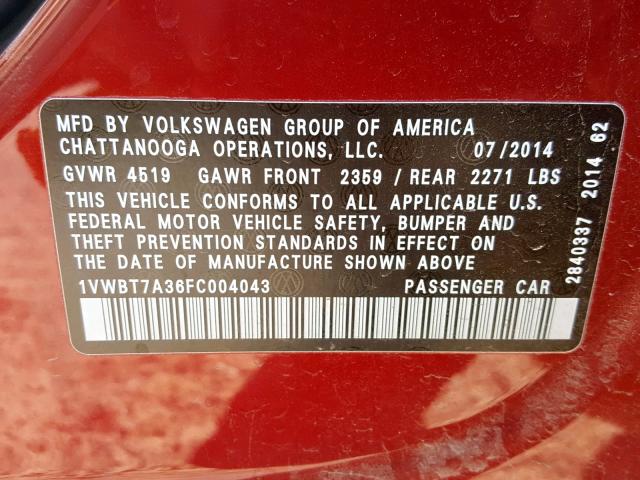 1VWBT7A36FC004043 - 2015 VOLKSWAGEN PASSAT SE RED photo 10