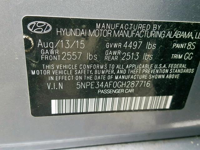 5NPE34AF0GH287716 - 2016 HYUNDAI SONATA SPO SILVER photo 10