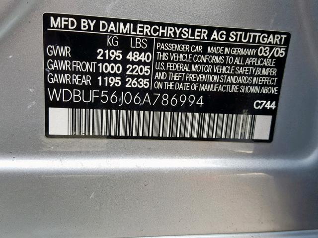 WDBUF56J06A786994 - 2006 MERCEDES-BENZ E 350 SILVER photo 10