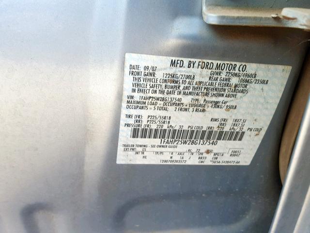 1FAHP25W28G137540 - 2008 FORD TAURUS LIM BLUE photo 10