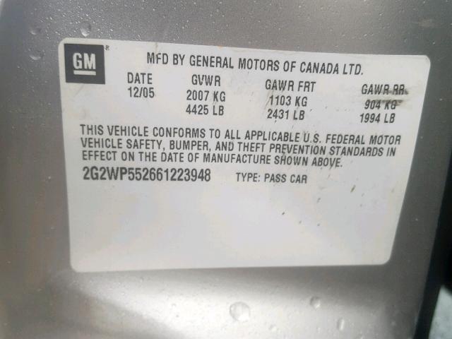2G2WP552661223948 - 2006 PONTIAC GRAND PRIX ნაცრისფერი ფოტო 10