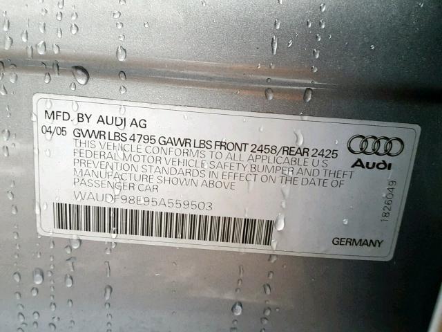 WAUDF98E95A559503 - 2005 AUDI A4 2.0T QU GRAY photo 10