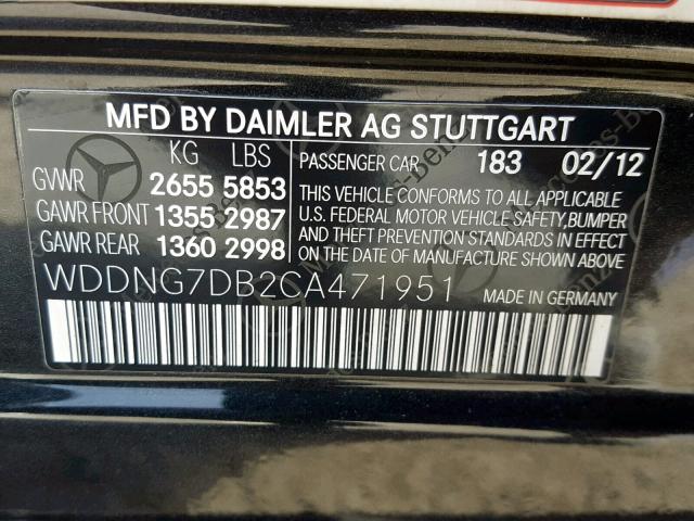 WDDNG7DB2CA471951 - 2012 MERCEDES-BENZ S 550 BLACK photo 10