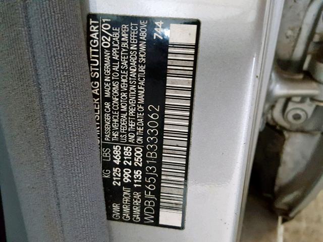 WDBJF65J31B333062 - 2001 MERCEDES-BENZ E 320 SILVER photo 10