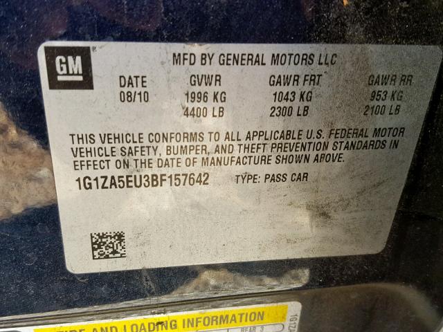 1G1ZA5EU3BF157642 - 2011 CHEVROLET MALIBU LS BLUE photo 10