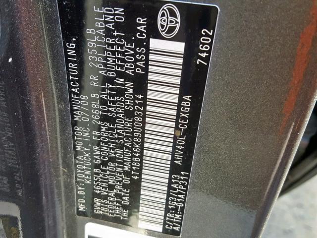 4T1BB46K89U083214 - 2009 TOYOTA CAMRY HYBR GRAY photo 10