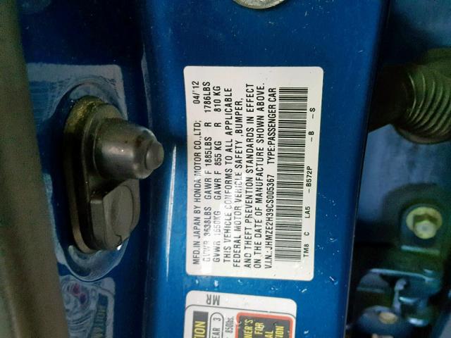 JHMZE2H39CS005367 - 2012 HONDA INSIGHT BLUE photo 10