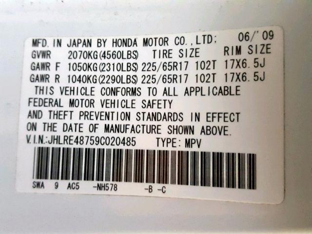 JHLRE48759C020485 - 2009 HONDA CR-V EXL WHITE photo 10