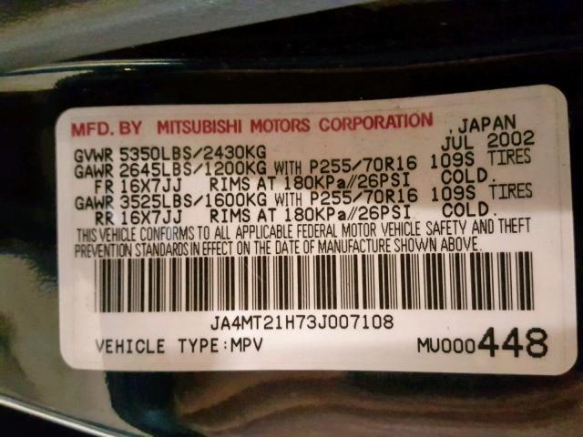 JA4MT21H73J007108 - 2003 MITSUBISHI MONTERO SP BLACK photo 10