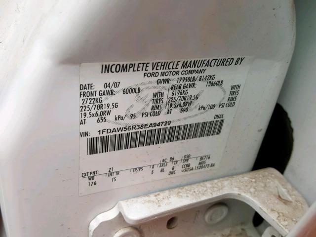 1FDAW56R38EA94729 - 2008 FORD F550 SUPER WHITE photo 10