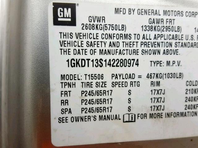 1GKDT13S142280974 - 2004 GMC ENVOY SILVER photo 10