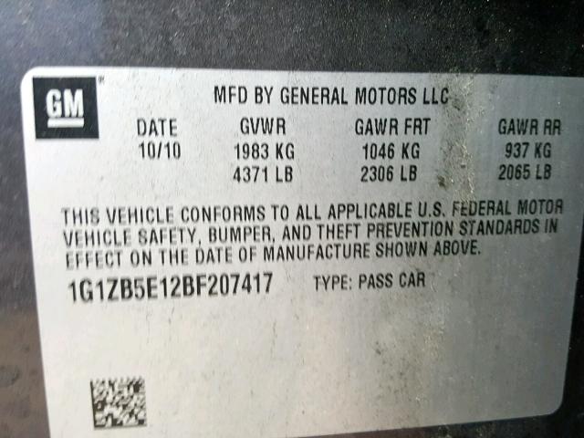 1G1ZB5E12BF207417 - 2011 CHEVROLET MALIBU LS 石墨色 照片 10