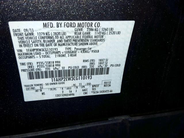 1FAHP2EW3CG110193 - 2012 FORD TAURUS SEL GRAY photo 10