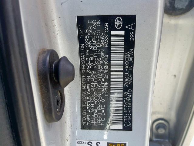 JTDZN3EU4C3040994 - 2012 TOYOTA PRIUS V SILVER photo 10