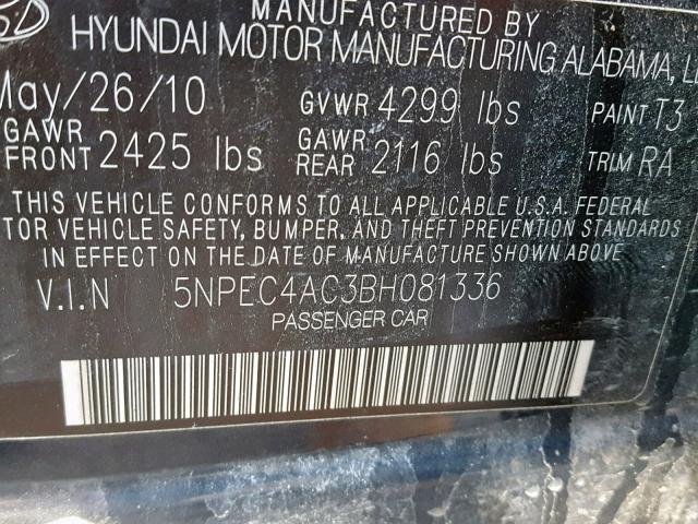 5NPEC4AC3BH081336 - 2011 HYUNDAI SONATA SE/ BLUE photo 10