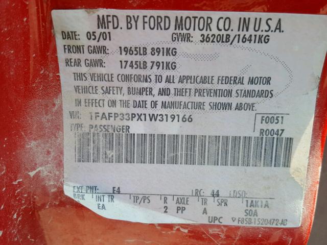 1FAFP33PX1W319166 - 2001 FORD FOCUS LX RED photo 10