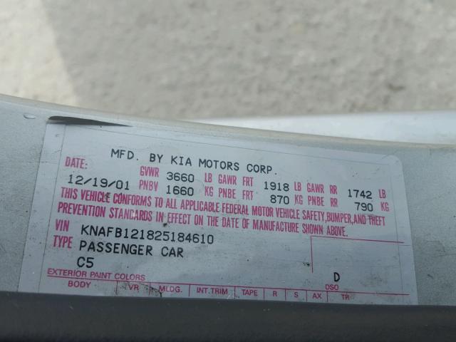 KNAFB121825184610 - 2002 KIA SPECTRA BA SILVER photo 10