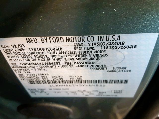 1LNHM86S43Y664852 - 2003 LINCOLN LS GREEN photo 10