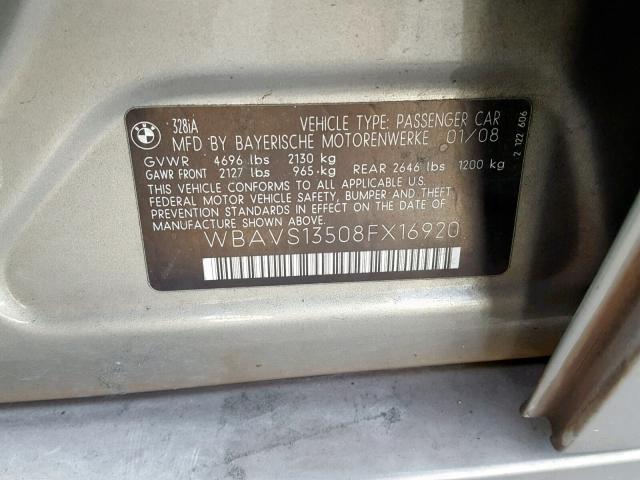 WBAVS13508FX16920 - 2008 BMW 328 IT GOLD photo 10