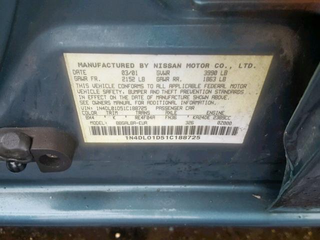 1N4DL01D51C188725 - 2001 NISSAN ALTIMA XE GRAY photo 10