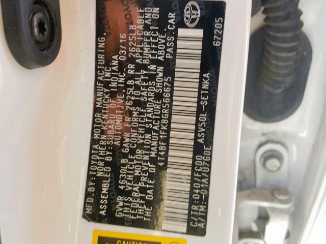 4T4BF1FK8GR566675 - 2016 TOYOTA CAMRY LE WHITE photo 10
