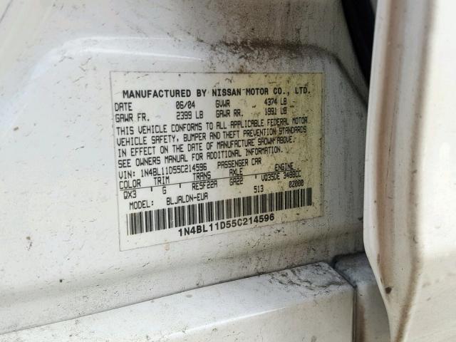 1N4BL11D55C214596 - 2005 NISSAN ALTIMA SE WHITE photo 10