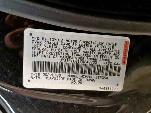 JT8BF28G1Y0249700 - 2000 LEXUS ES 300 BLACK photo 10