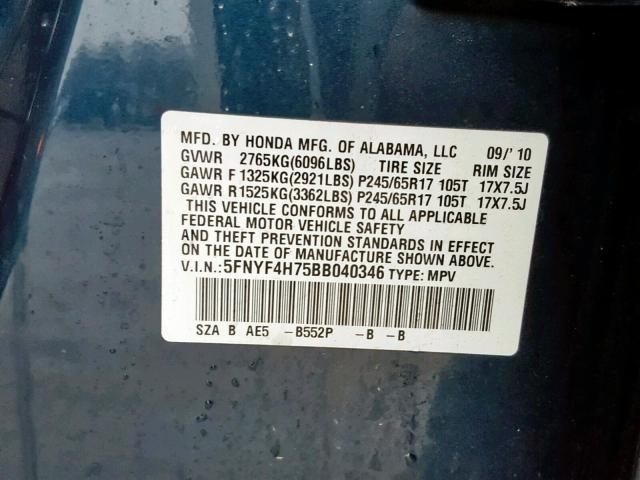 5FNYF4H75BB040346 - 2011 HONDA PILOT EXLN BLUE photo 10