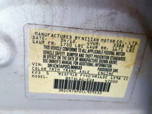 3N1CN7AP2CL909533 - 2012 NISSAN VERSA S SILVER photo 10