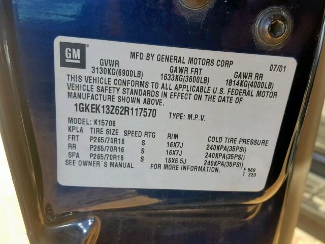 1GKEK13Z62R117570 - 2002 GMC YUKON BLUE photo 10